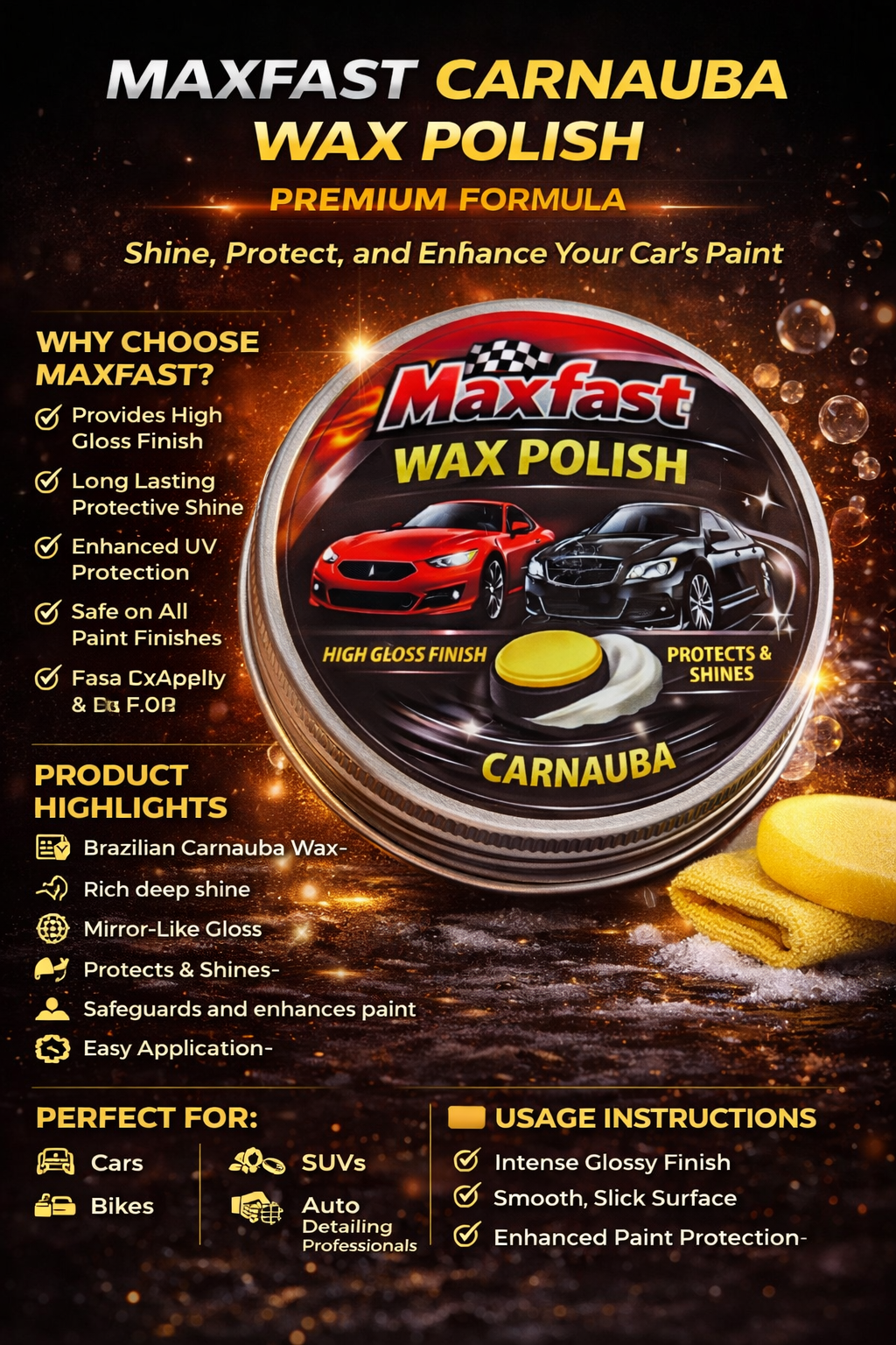 Maxfast Carnauba Car wax 60 gm | with Applicator And Cloth